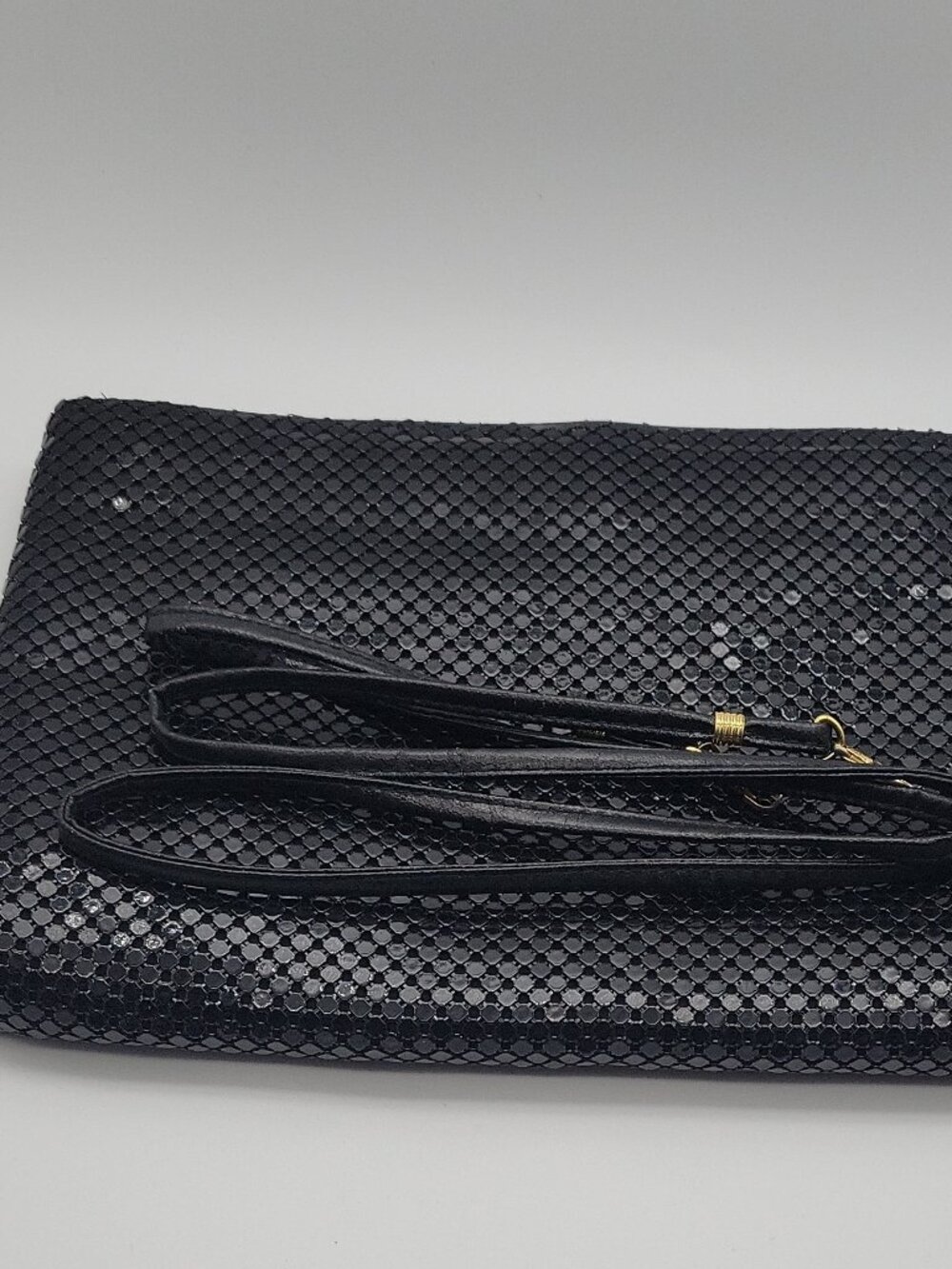 Black Metallic Sequin Wristlet Clutch Bag, Zip Closure, Gold Hardware, Pockets